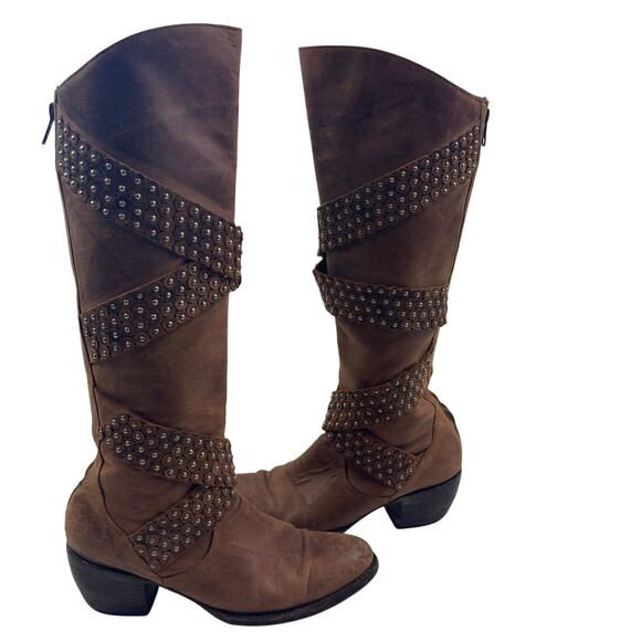 Old Gringo Shoes - Old Gringo Brown Distressed Leather Silver Stud Detail Western Boots Women's 6.5
